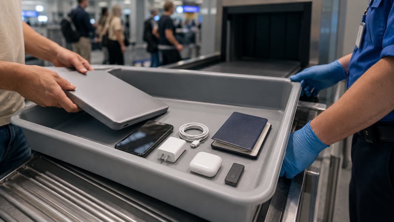 Hardware wallet airport security check with electronics in carry-on tray