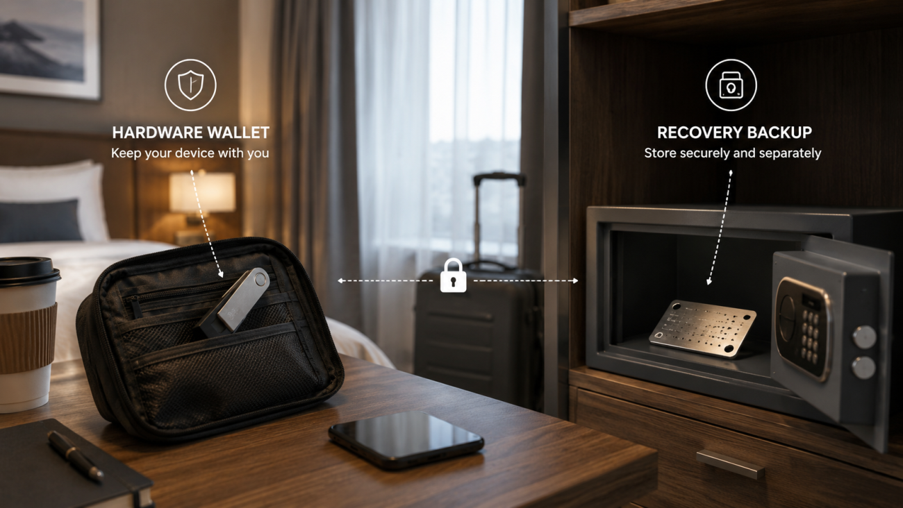 Hardware wallet and seed phrase backup stored separately during travel