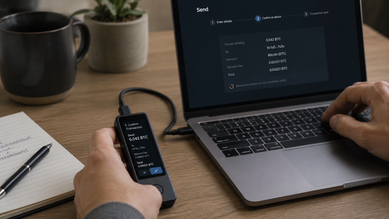Hardware wallet transaction signing process with private key kept offline