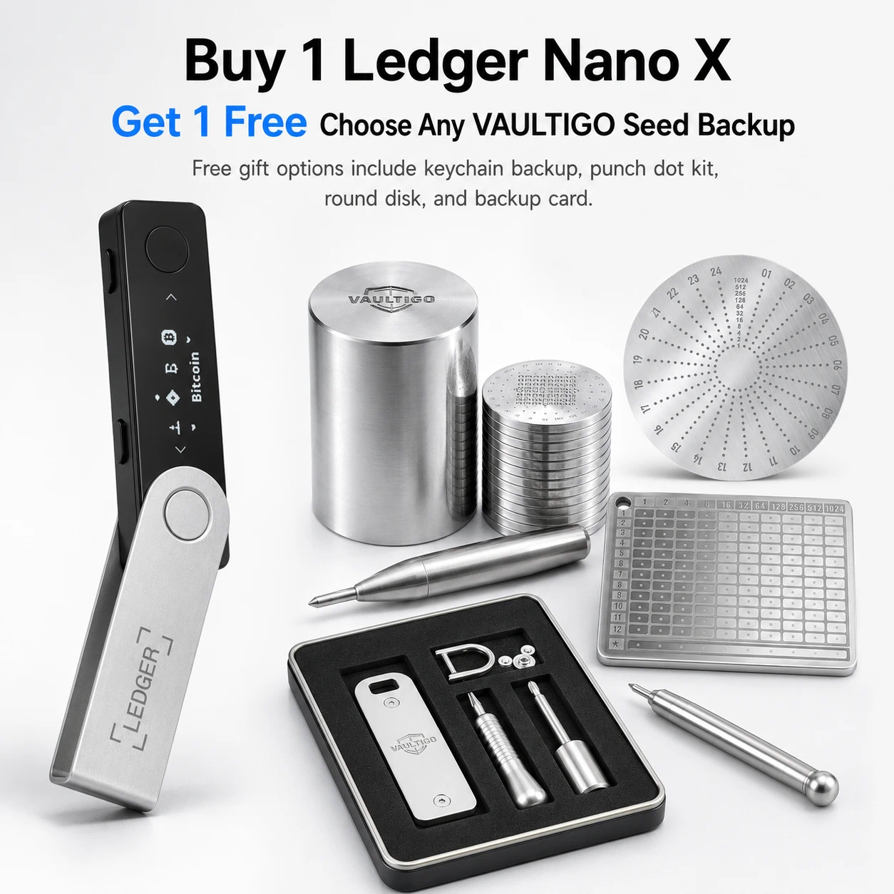 Ledger Nano X + Free Metal Seed Phrase Backup - Image 1