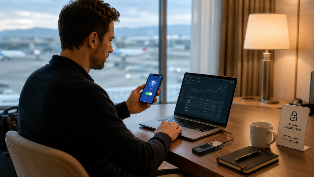 Secure hardware wallet use while traveling with private connection