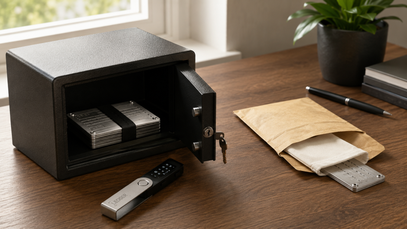 Secure seed phrase backup storage method with safe and hardware wallet separation