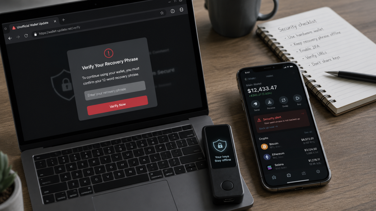 Software wallet phishing risk warning showing recovery phrase security danger