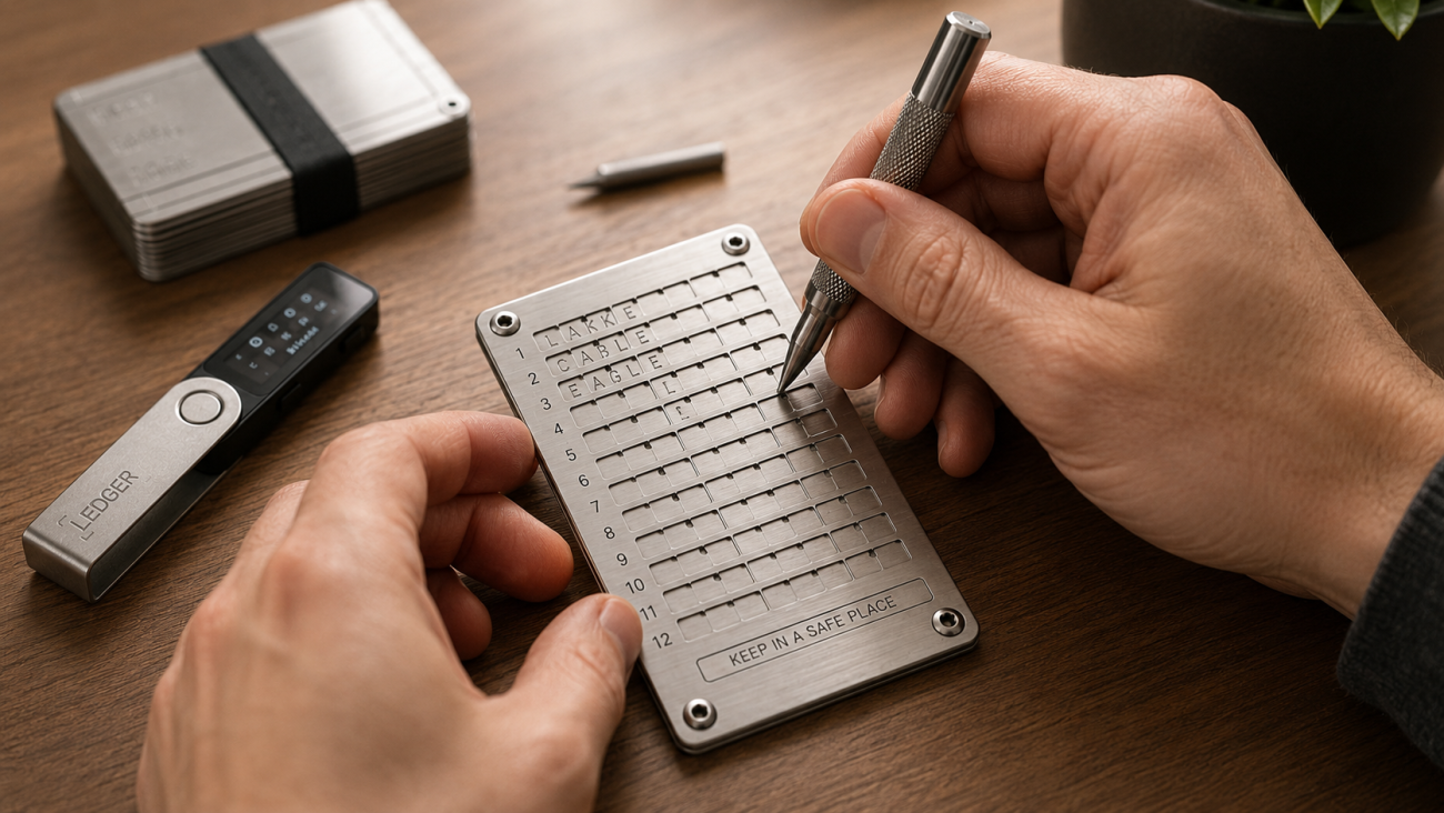 Stainless steel seed phrase backup plate setup for hardware wallet recovery phrase