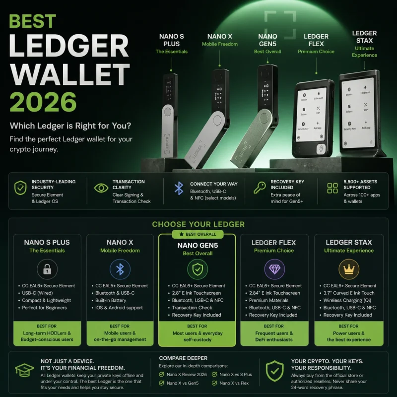 Best Ledger Wallet 2026 comparison of Nano S Plus, Nano X, Nano Gen5, Ledger Flex and Ledger Stax