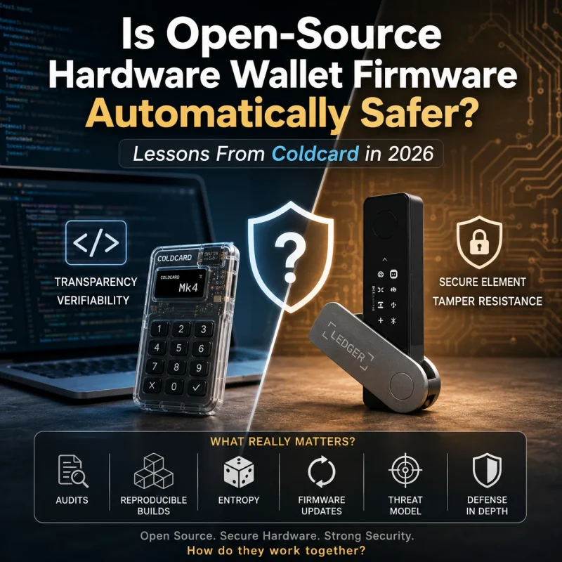 Open-source hardware wallet firmware security comparison with Coldcard and Ledger in 2026