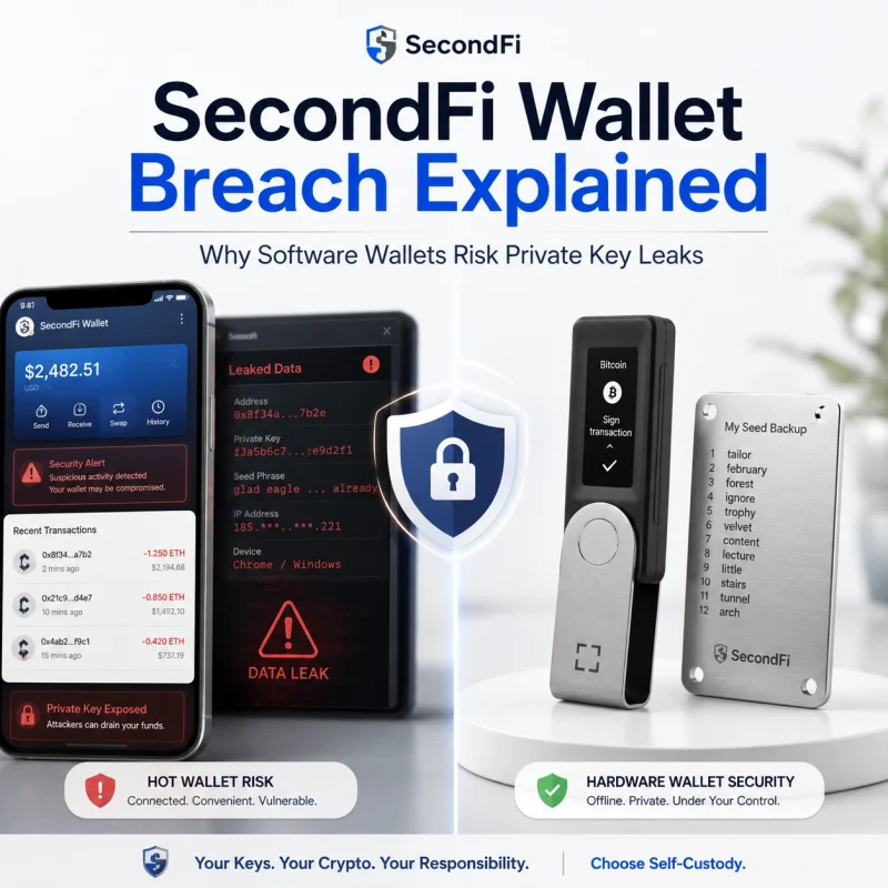 SecondFi Wallet breach explained with software wallet private key leak risks and hardware wallet security comparison